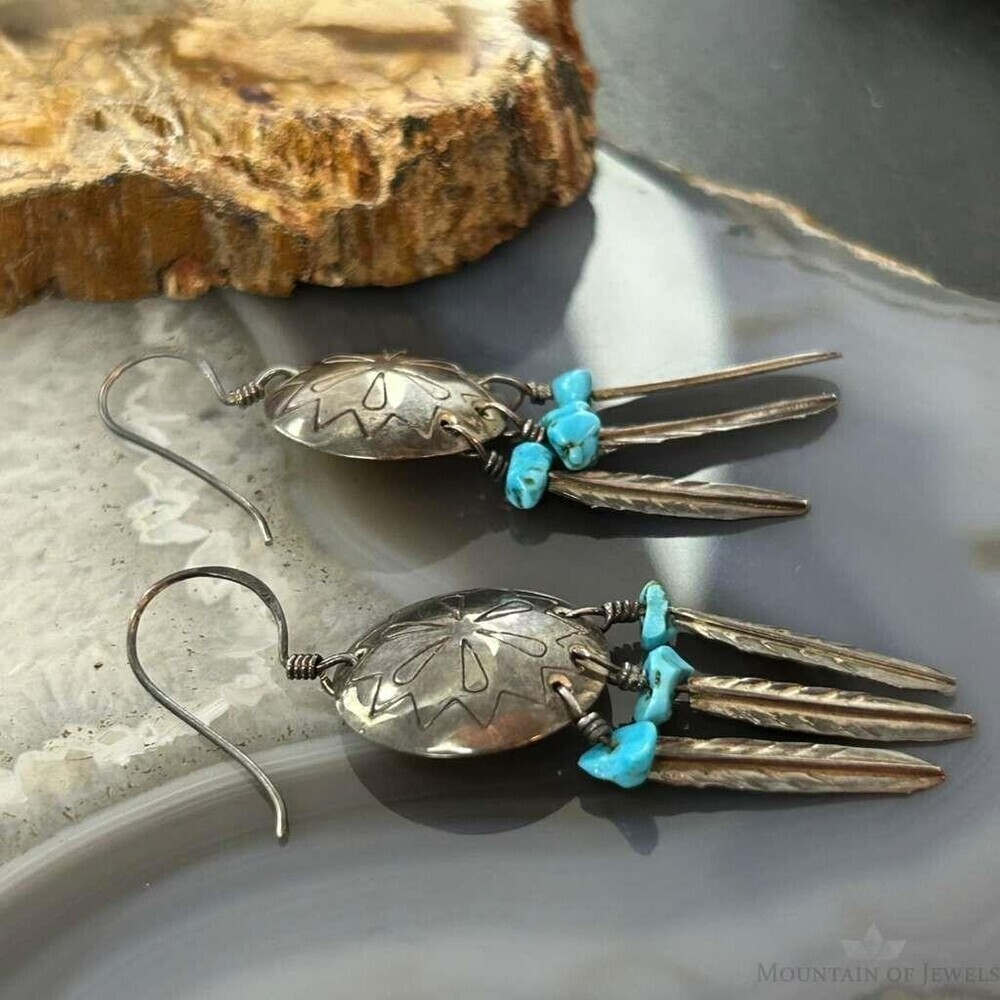 Vintage Native American Silver Turquoise w/Feather Dangle Earrings For Women - Picture 3 of 10